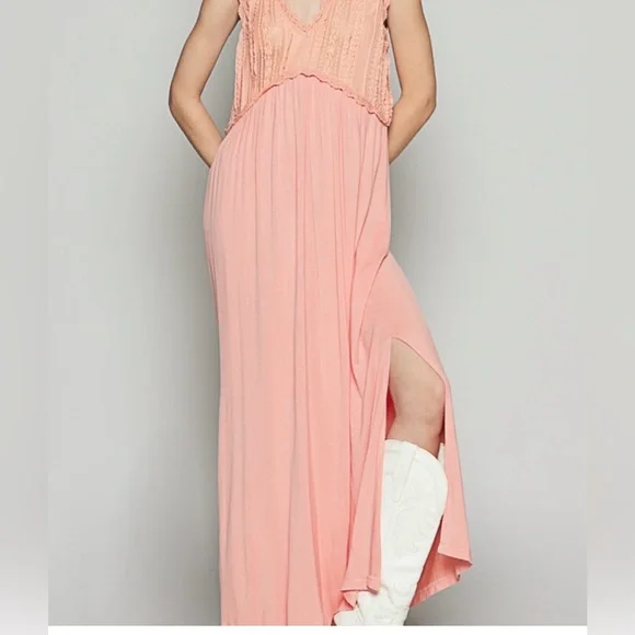 POL•V-Neck Sleeveless Cut Sew KnitLace Trim Solid Dress•Peach Coral - Picture 3 of 6